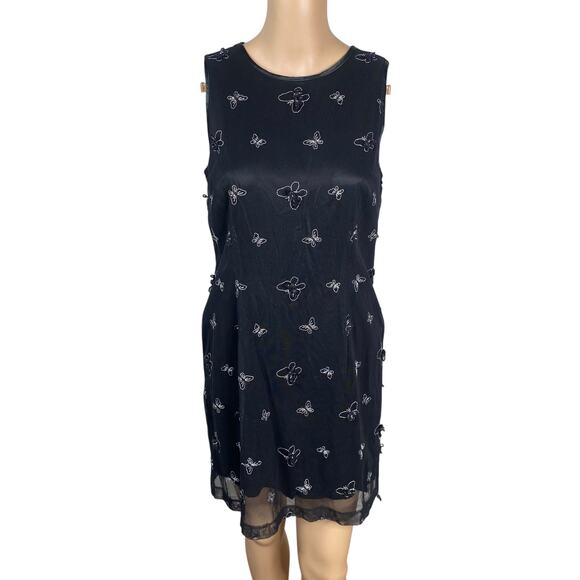 Vtg 90s Classiques Entier Black Mesh Embroidered Butterfly Mini Dress SZ 8 - Picture 1 of 7